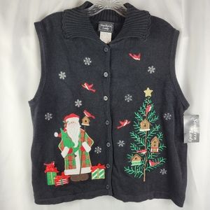 Southern Lady Christmas Embroidered Santa Cardinal Button Up Sweater Vest Large